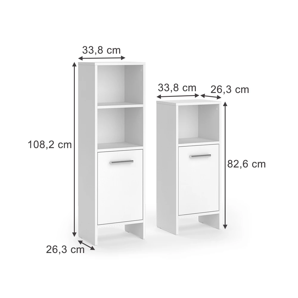 Badmöbel-Set in Weiß auf weißem Hintergrund mit sichtbaren Maßen
