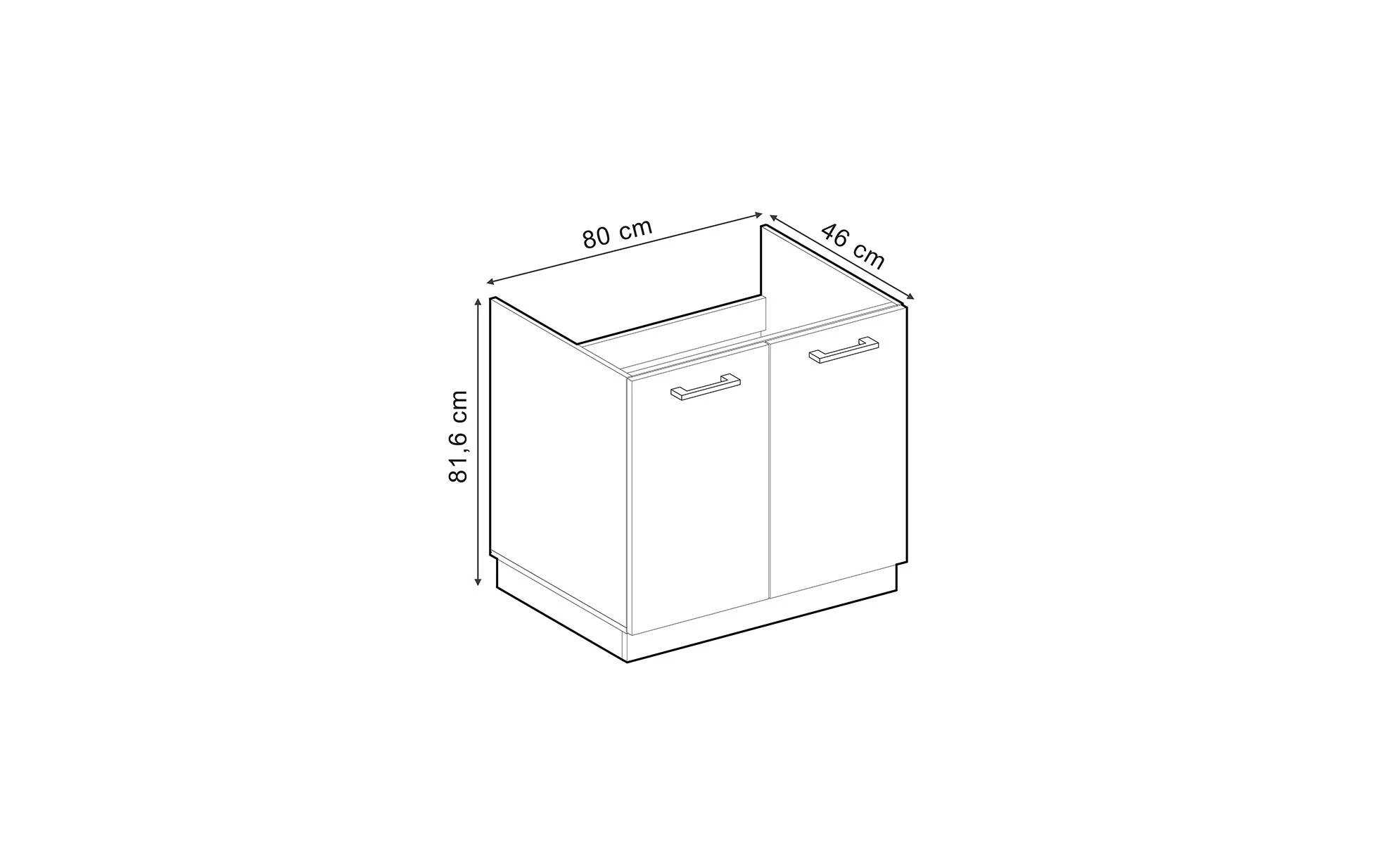 Meuble bas sous-évier en Blanc campagne sur fond blanc avec dimensions visibles