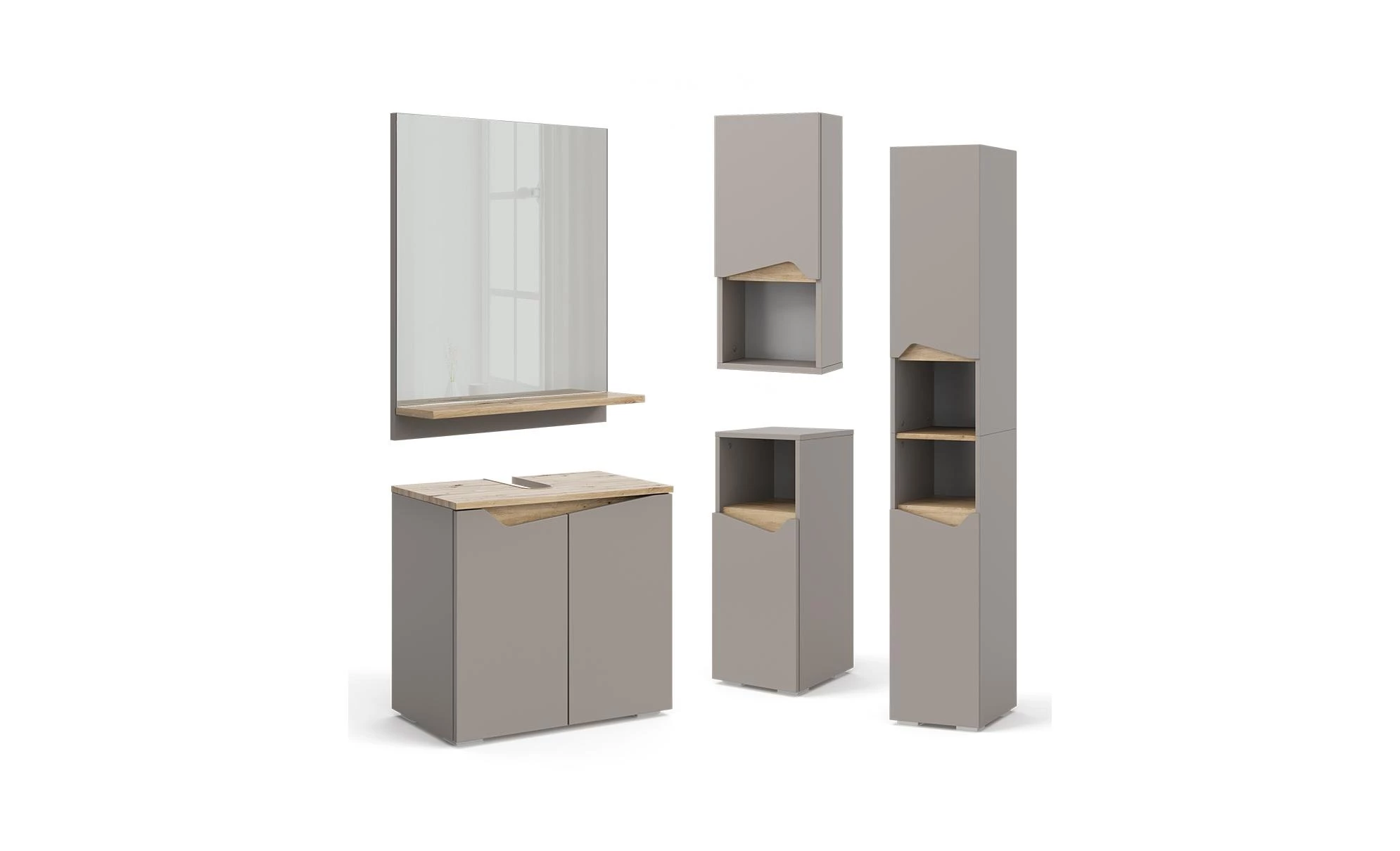 Badrumsskåp Marelle Greige/Artisan Oak 30x180 cm med dörrar och öppna fack Vicco