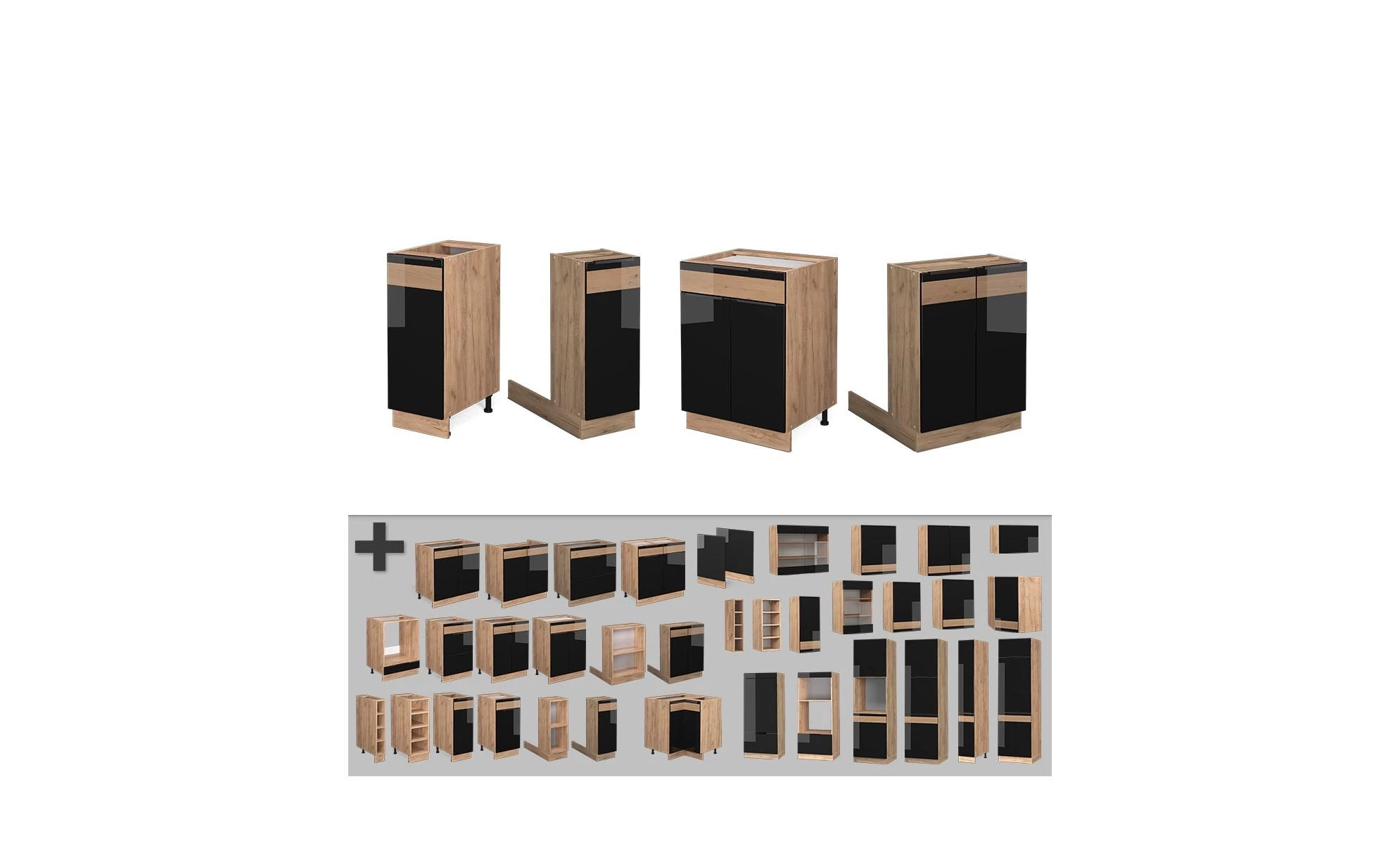 Isola cucina in Rovere nero lucido/oro power oak on white background with decorative elements