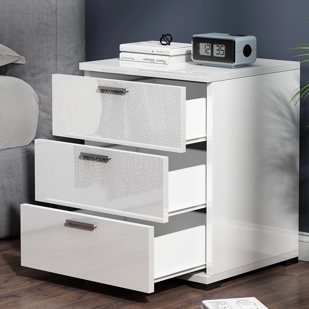 Close-up of Yöpöytä in Valkoinen korkeakiilto, showing texture/details