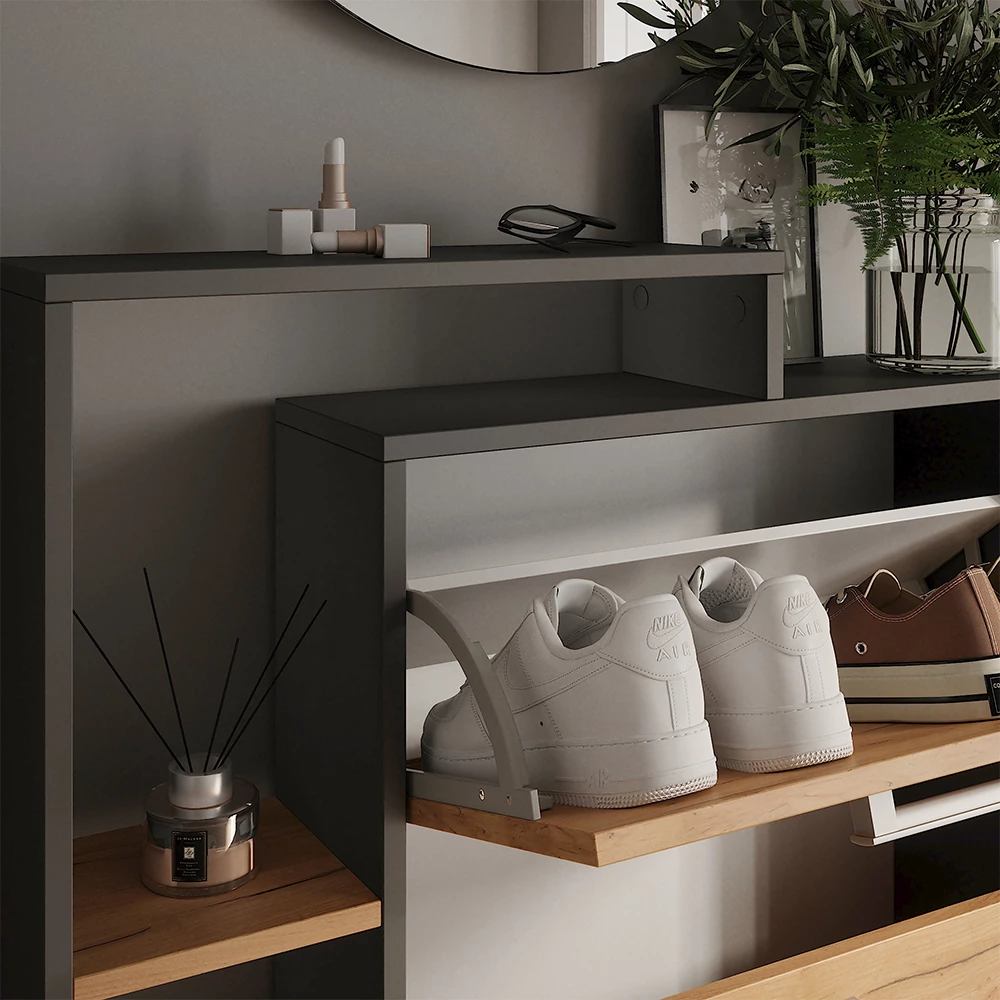 Nærbillede af Skotipper i farven Guld power eg/antracit, der viser struktur/detaljer