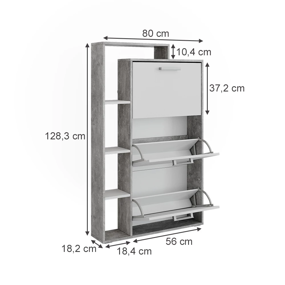 Skotipper i farven Hvid/beton på hvid baggrund med synlige dimensioner