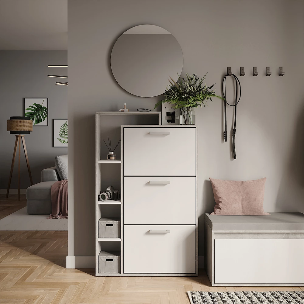 Skotipper i farven Hvid/beton, vist i et miljø med dekoration