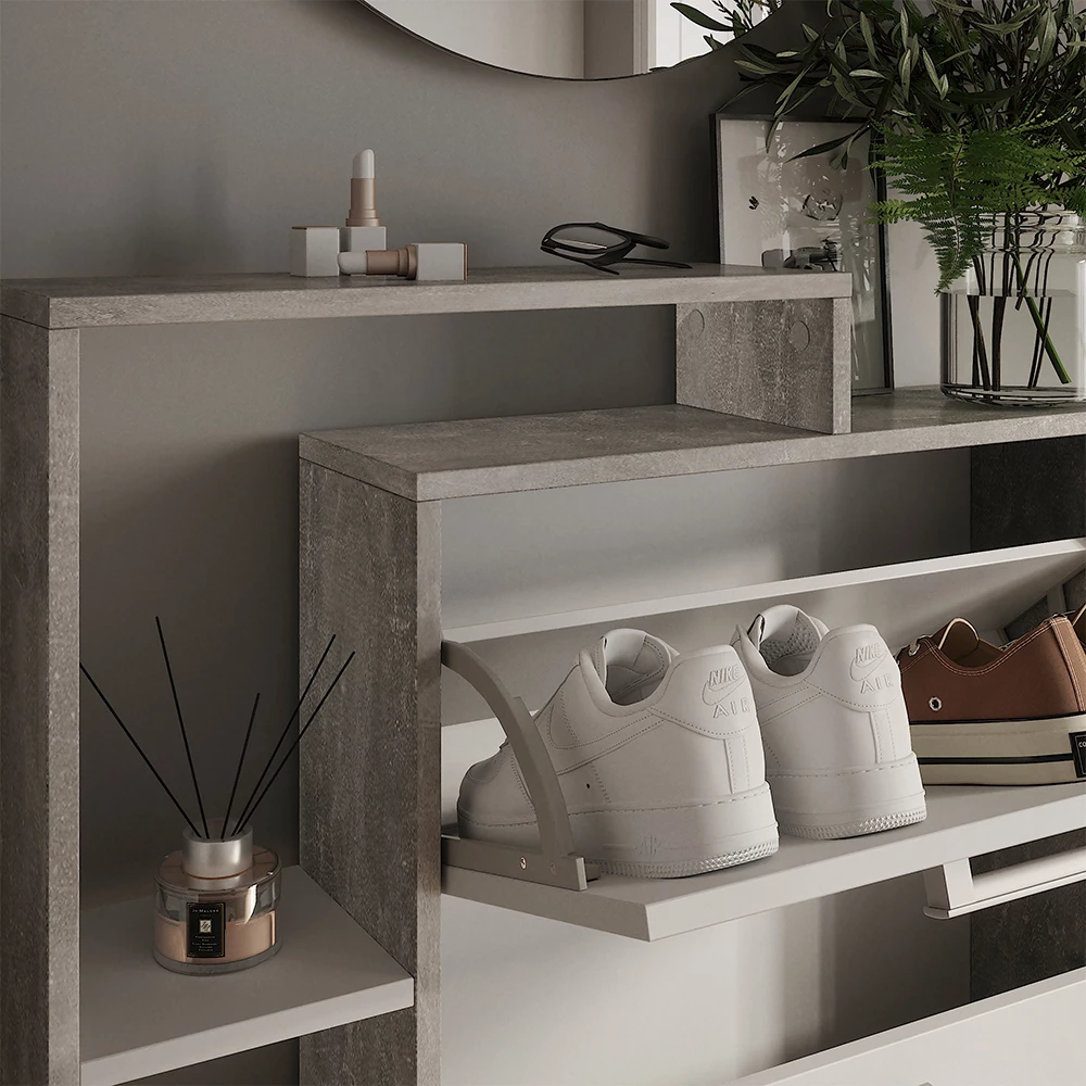 Nærbillede af Skotipper i farven Hvid/beton, der viser struktur/detaljer