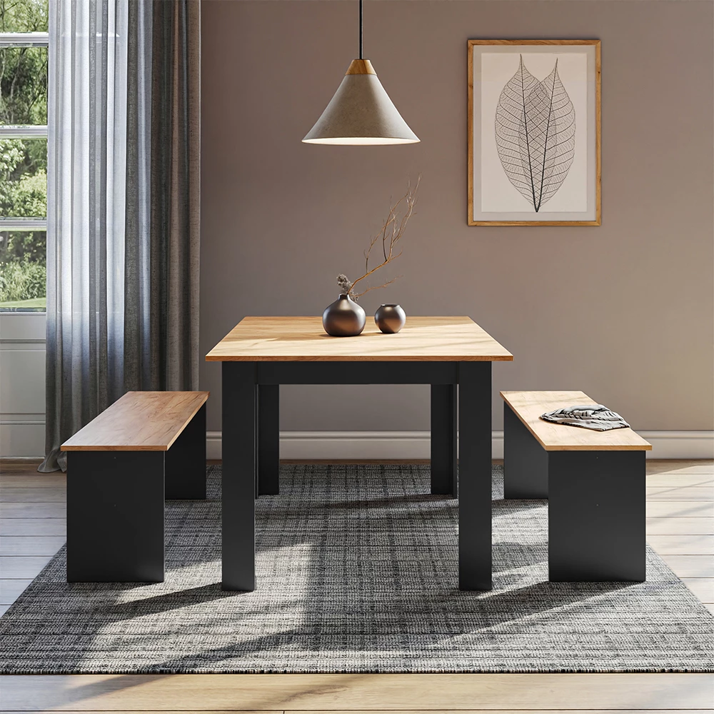 Dining table set Sentio Anthracite/golden oak 137.6 x 92.8 cm with 2 benches Vicco