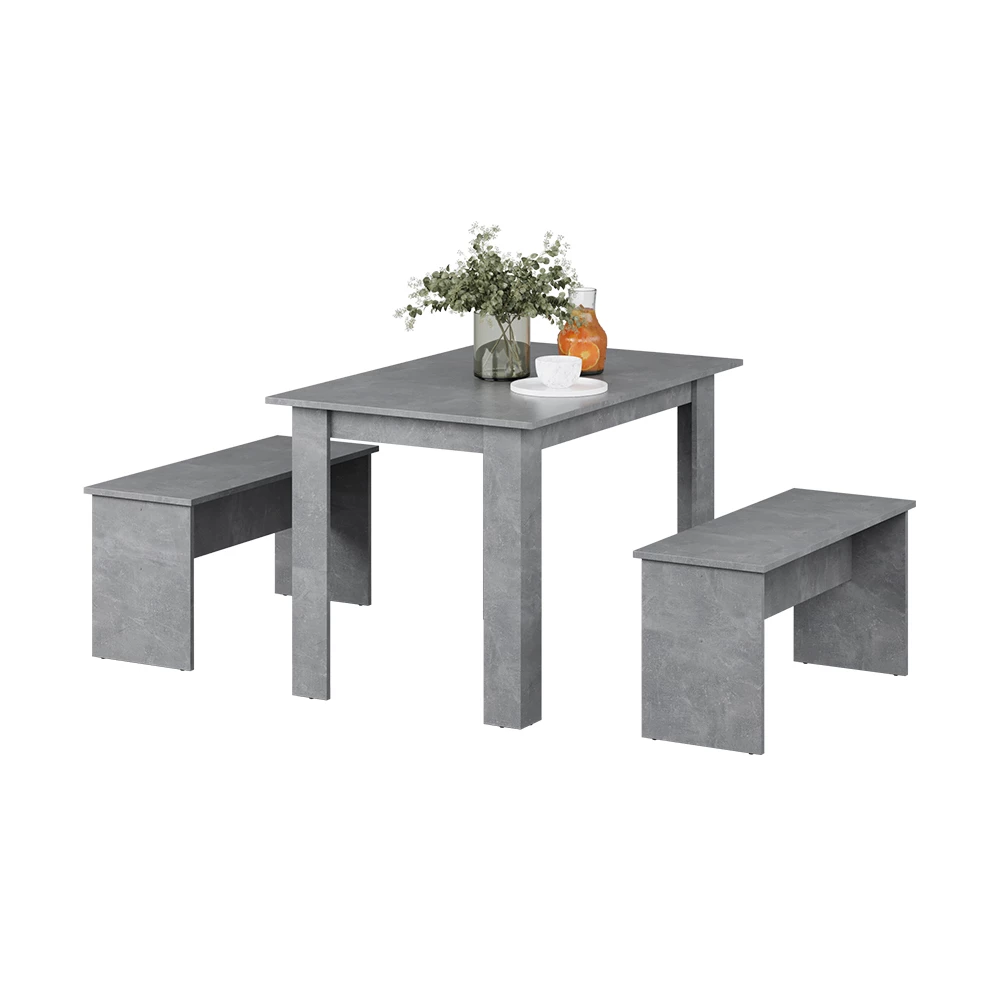 Dining table set in Concrete on white background with decorative elements
