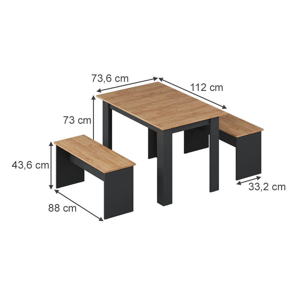 Dining table set in Anthracite/golden oak on white background with visible dimensions