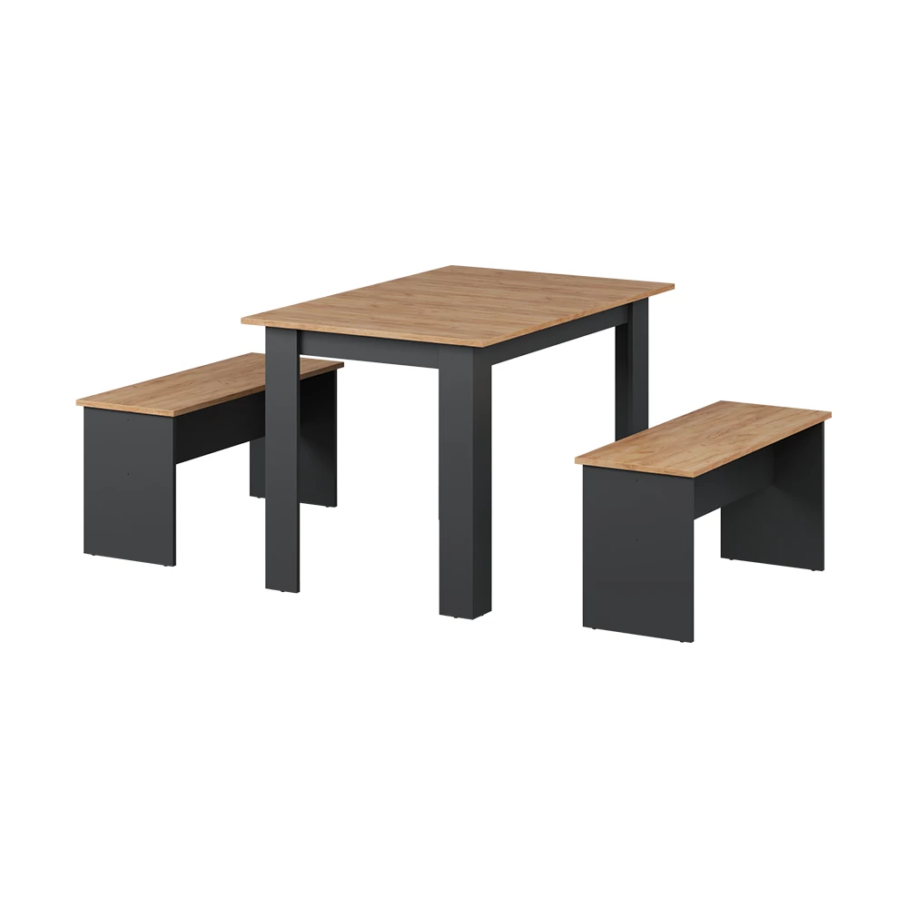 Dining table set in Anthracite/golden oak on white background