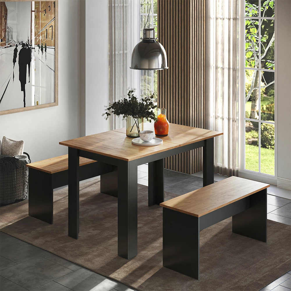 Dining table set in Anthracite/golden oak shown in ambient setting with decoration