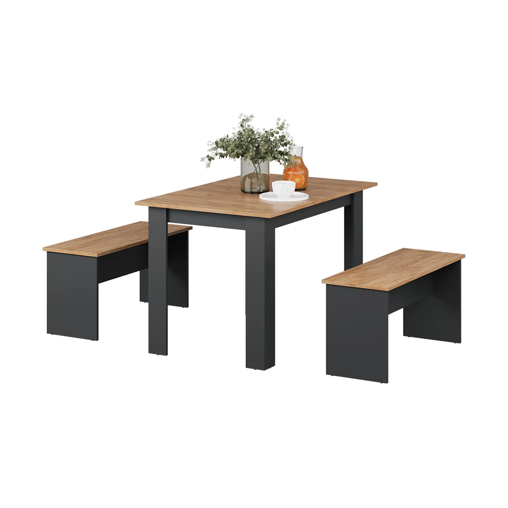 Dining table set in Anthracite/golden oak on white background with decorative elements