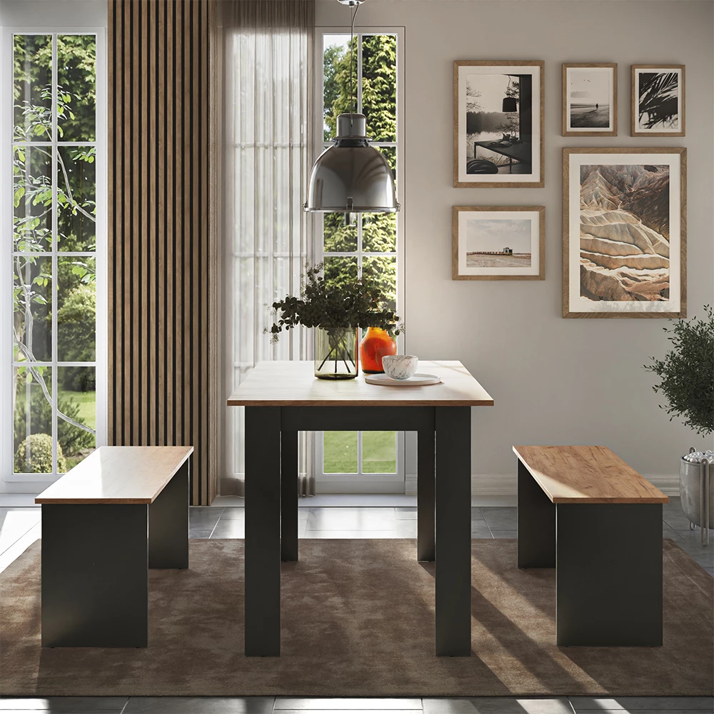 Dining table set Sentio Anthracite/golden oak 112 x 73.6 cm with 2 benches Vicco