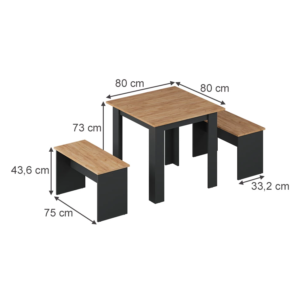 Dining table set in Anthracite/golden oak on white background