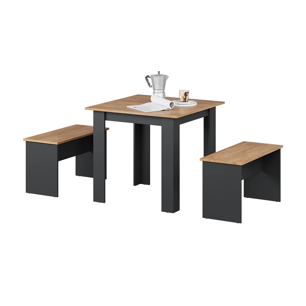 Dining table set in Anthracite/golden oak on white background with decorative elements