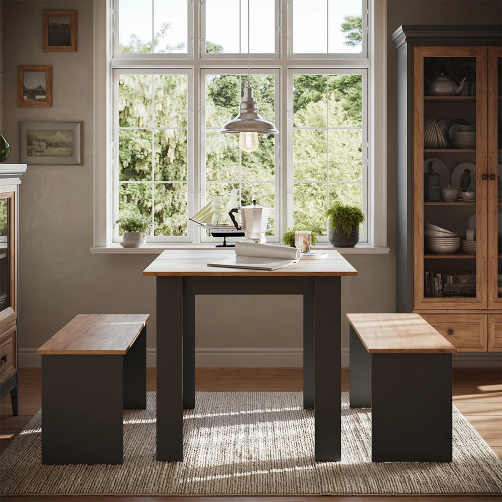 Dining table set Sentio Anthracite/golden oak 80 x 80 cm with 2 benches Vicco