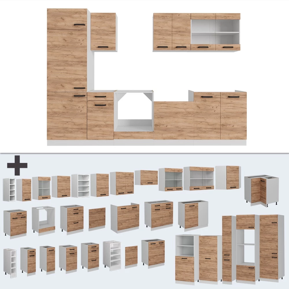 Nahaufnahme von Küchenzeile in Goldkraft Eiche/Weiß, zeigt Design- und Oberflächendetails