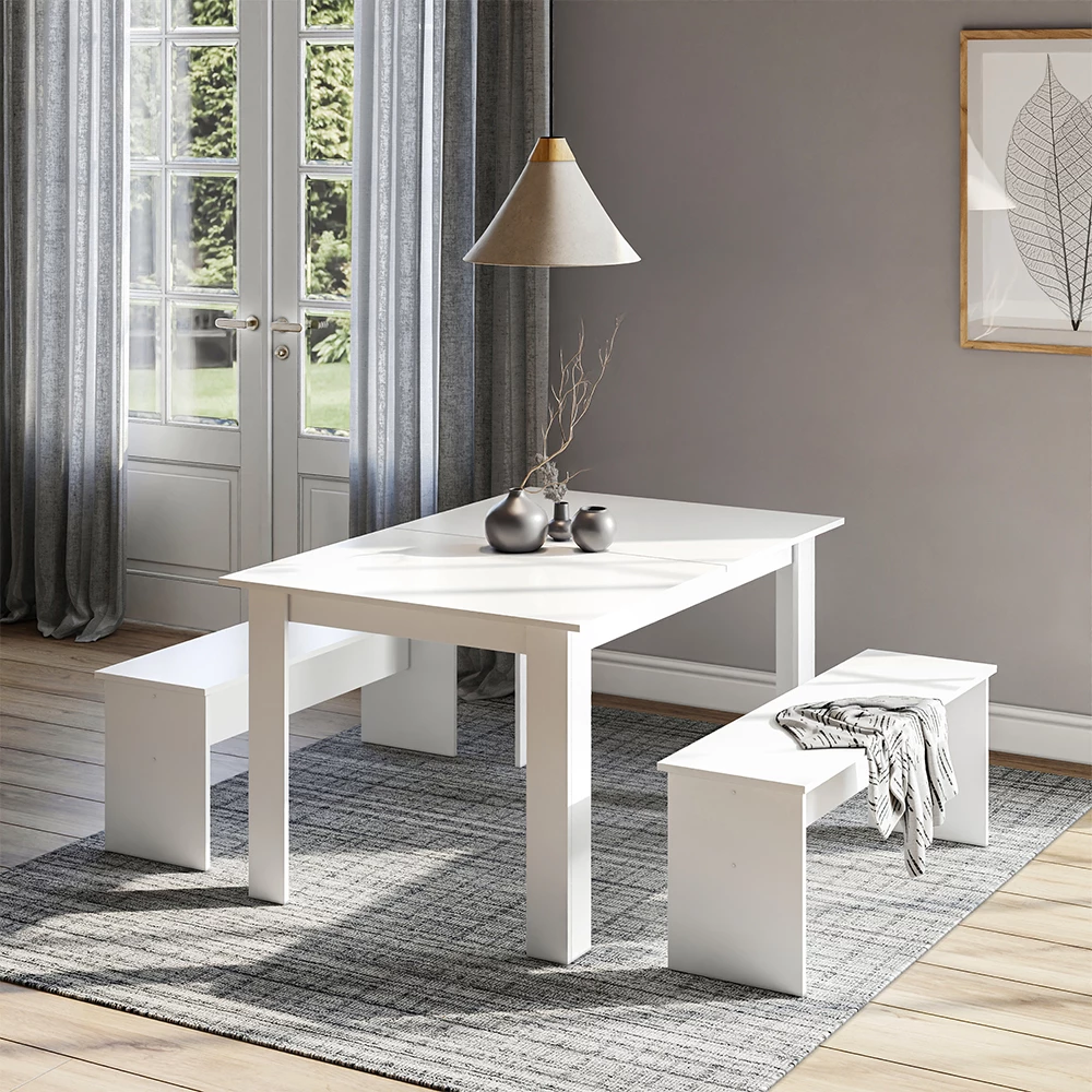 Étkezőasztal készlet Fehér színben, dekorációval ellátott környezeti beállításban megjelenítve