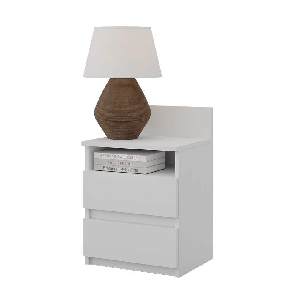 Nachttisch in Weiß auf weißem Hintergrund mit dekorativen Elementen