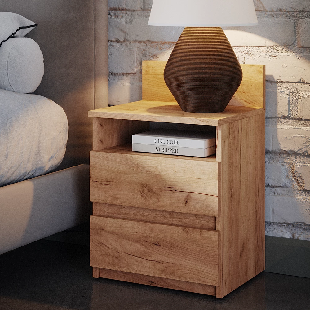 Nachttisch in Goldkraft Eiche, dargestellt im Ambiente mit Dekoration