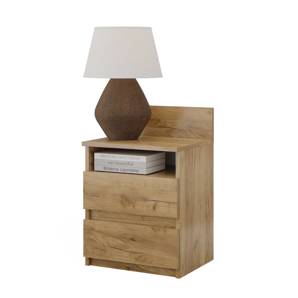 Nachttisch in Goldkraft Eiche auf weißem Hintergrund mit dekorativen Elementen