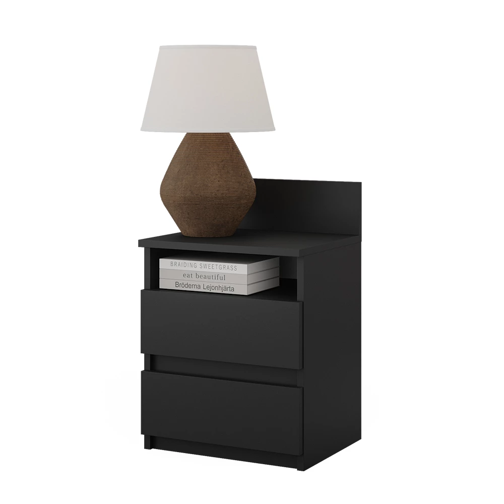 Nachttisch in Schwarz auf weißem Hintergrund mit dekorativen Elementen