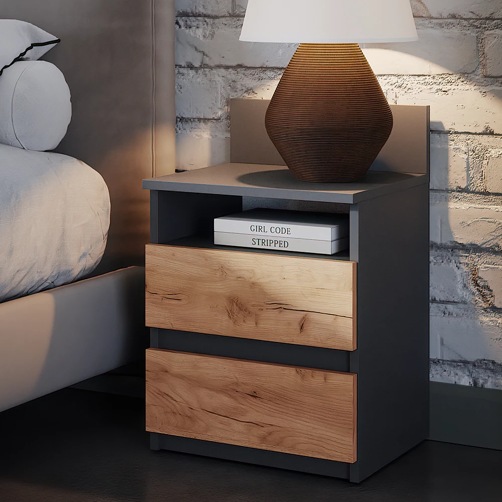 Yöpöytä in Antrasiitti/Goldkraft tammi shown in ambient setting with decoration