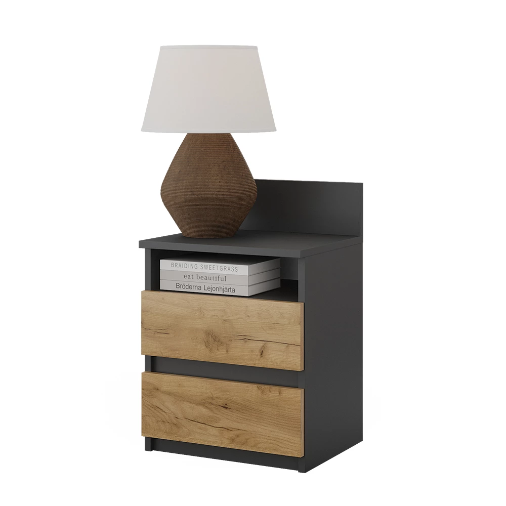 Nachttisch in Anthrazit/Goldkraft Eiche auf weißem Hintergrund mit dekorativen Elementen