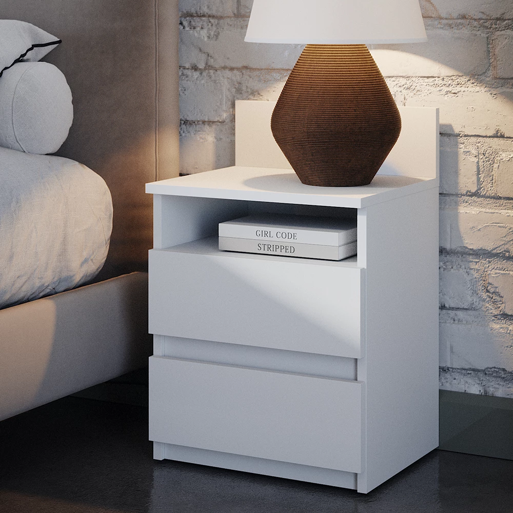 Nachttisch in Weiß, dargestellt im Ambiente mit Dekoration