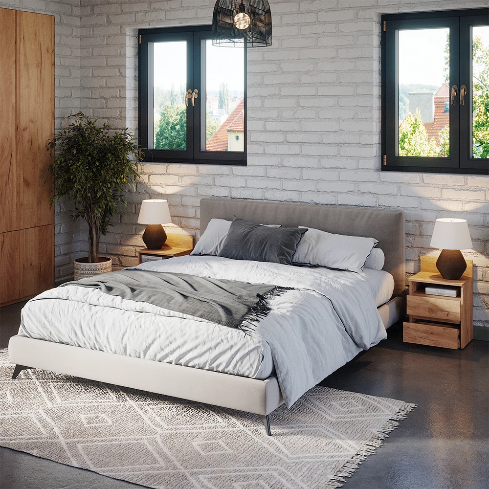 Nahaufnahme von Nachttisch in Goldkraft Eiche, zeigt Design- und Oberflächendetails