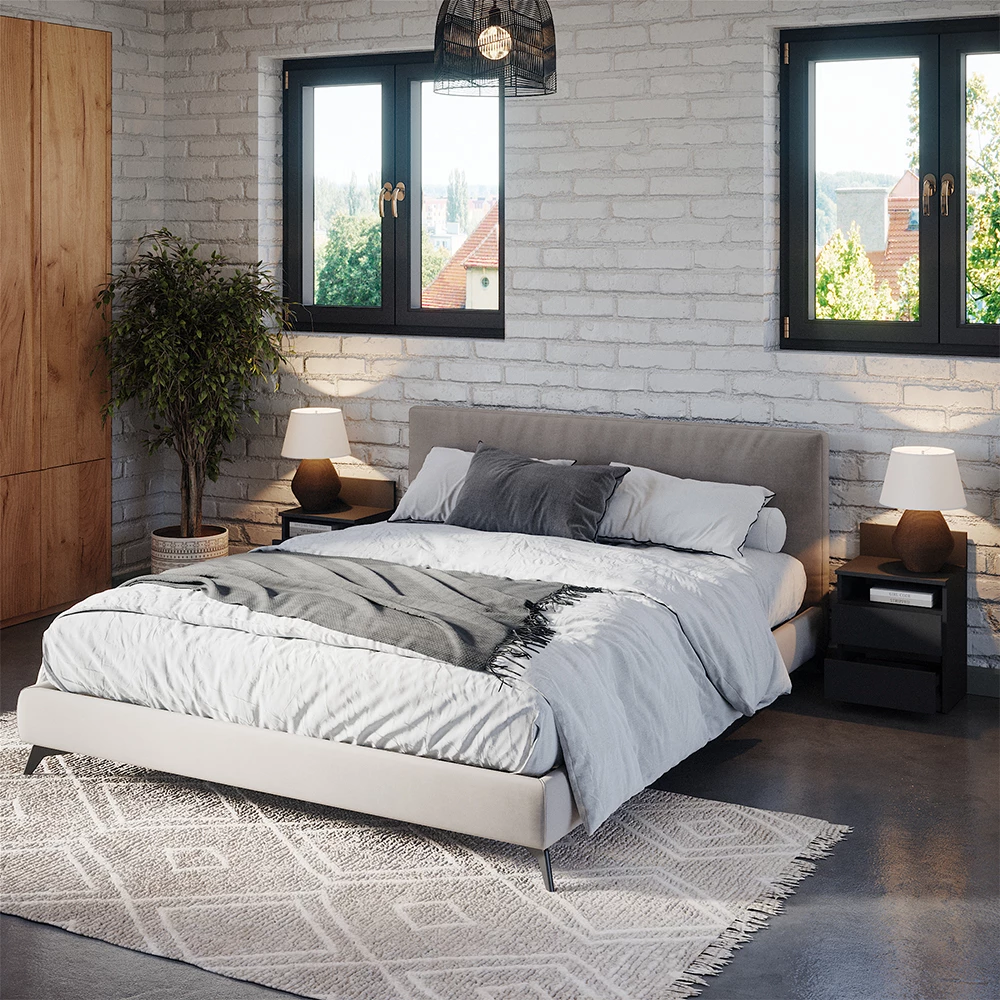 Nahaufnahme von Nachttisch in Schwarz, zeigt Design- und Oberflächendetails