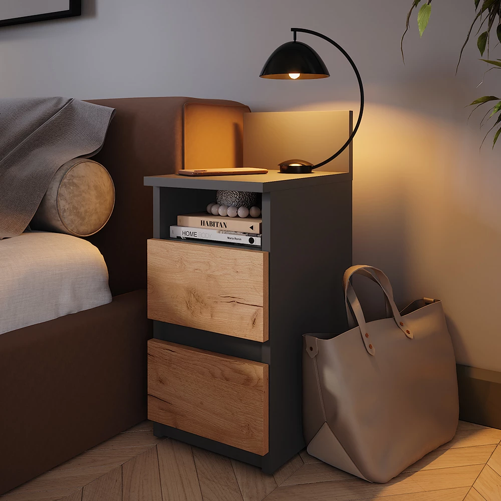 Nachttisch in Anthrazit/Goldkraft Eiche auf weißem Hintergrund