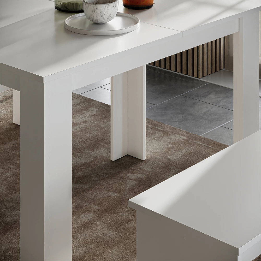 Étkezőasztal készlet közeli kép Fehér színben, textúra/részletek bemutatásával