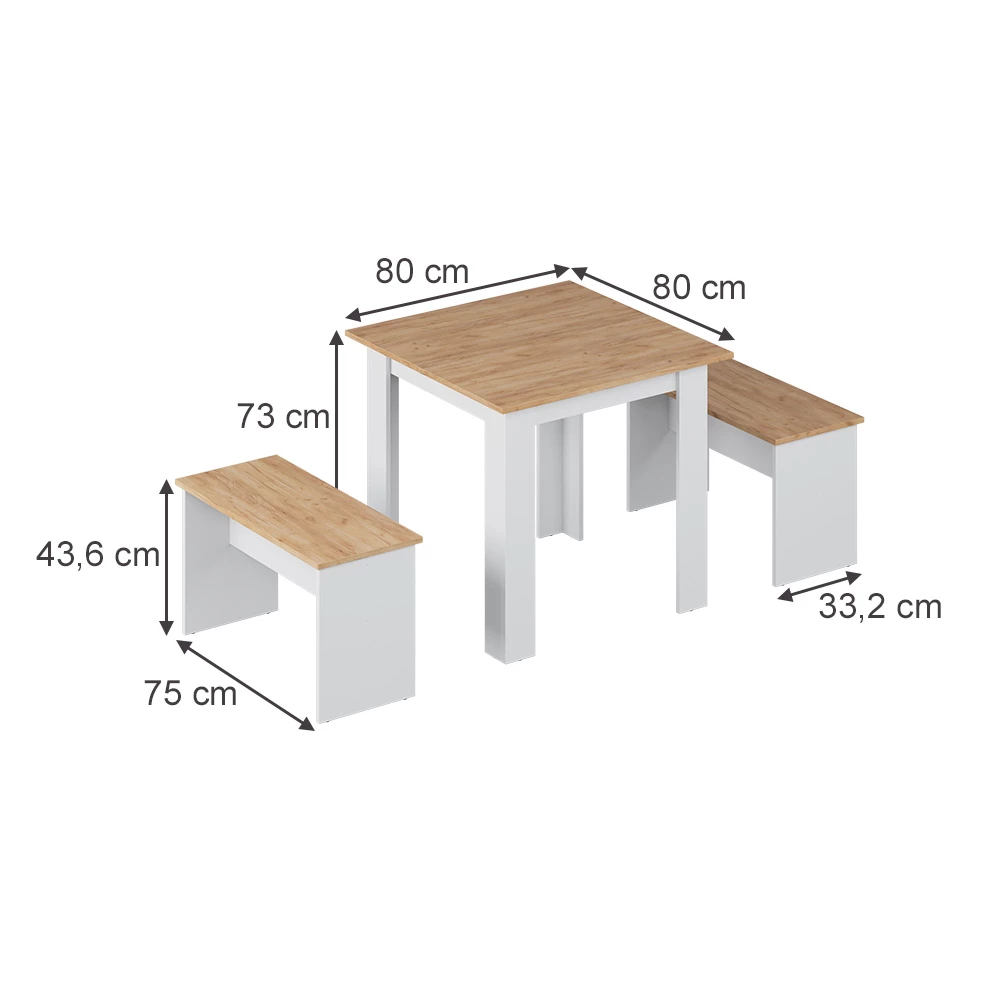 Esstisch Set in Goldkraft Eiche/Weiß auf weißem Hintergrund mit sichtbaren Maßen