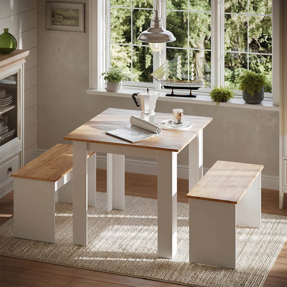 Esstisch Set in Goldkraft Eiche/Weiß, dargestellt im Ambiente mit Dekoration