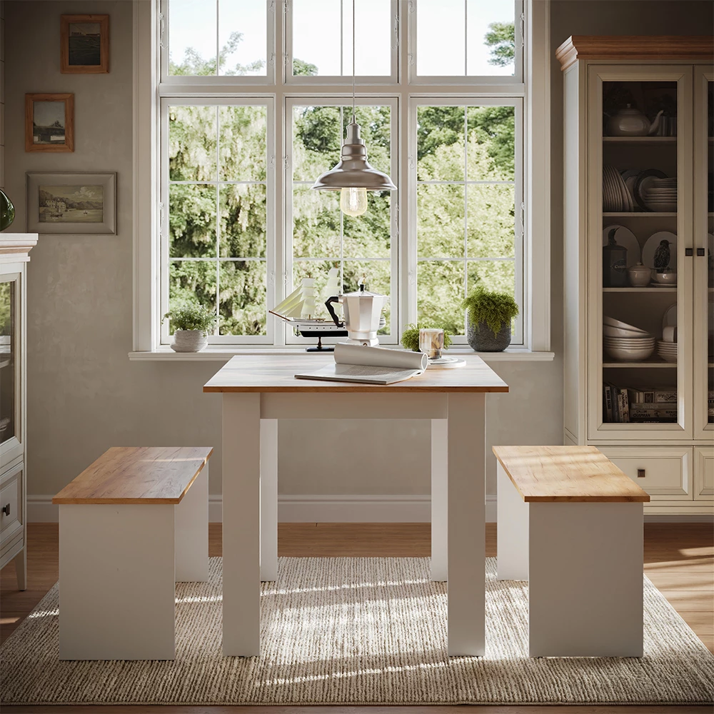 Esstisch Set Sentio Goldkraft Eiche/Weiß 80 x 80 cm mit 2 Bänken livinity®