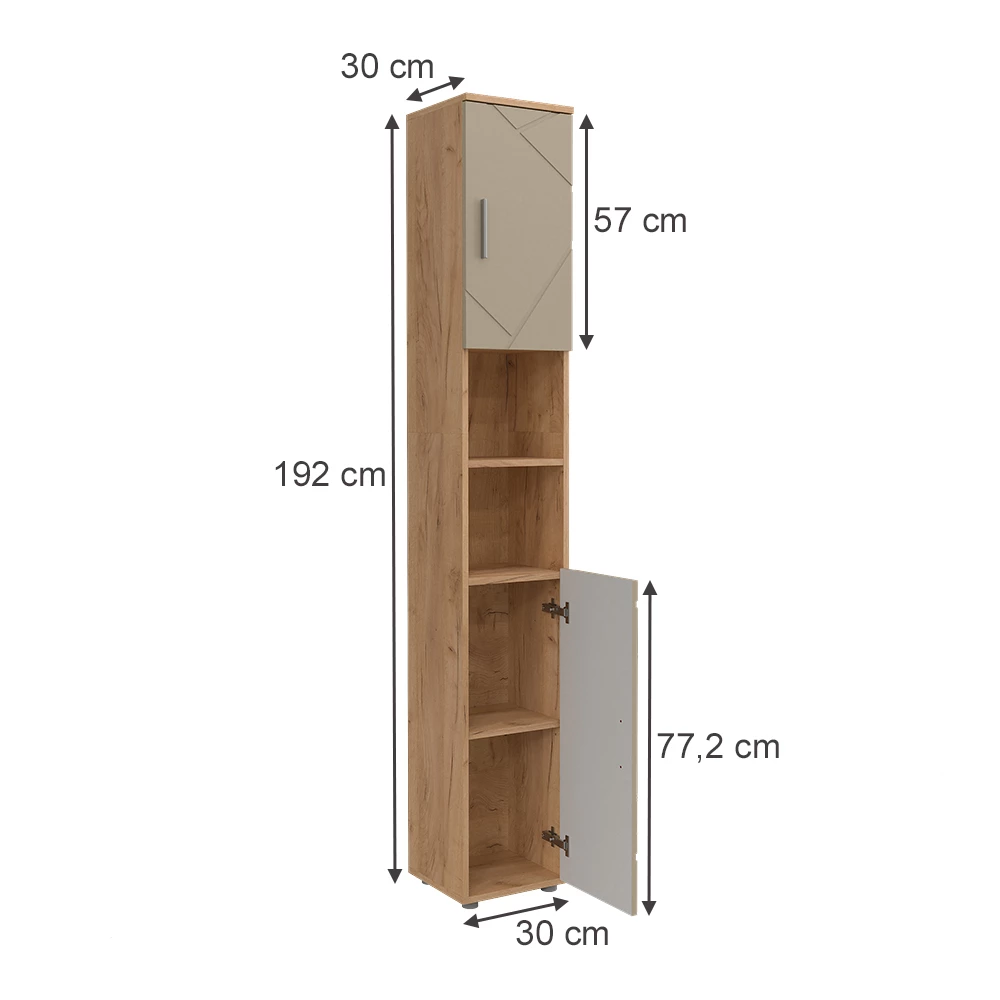 Badschrank in Beige auf weißem Hintergrund mit sichtbaren Maßen