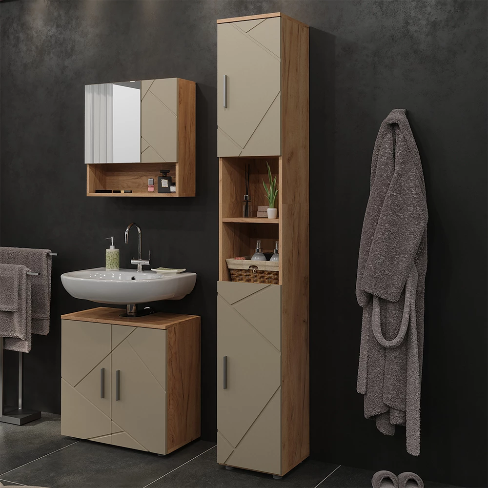 Badschrank in Beige, dargestellt im Ambiente mit Dekoration