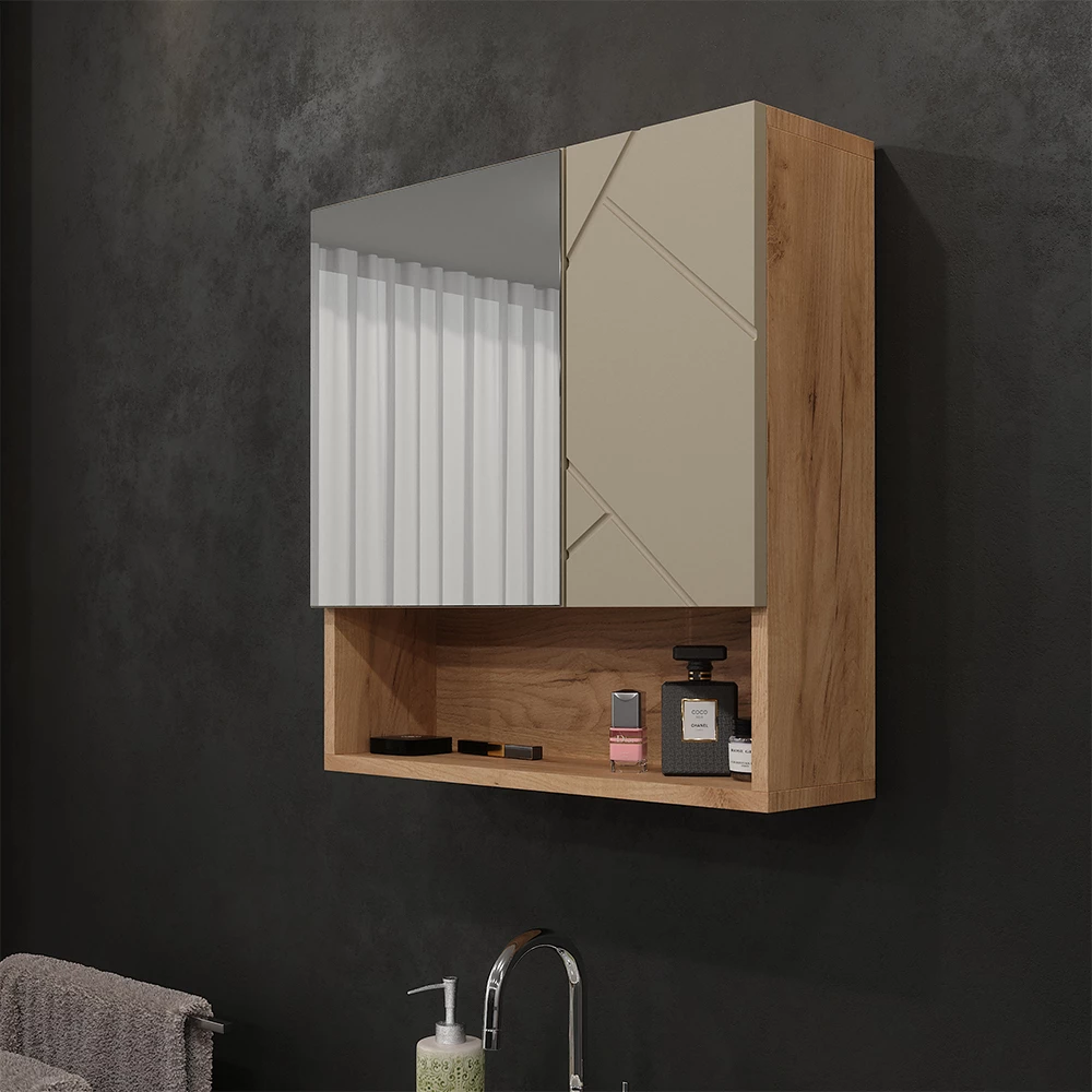 Badspiegelschrank in Beige, dargestellt im Ambiente mit Dekoration