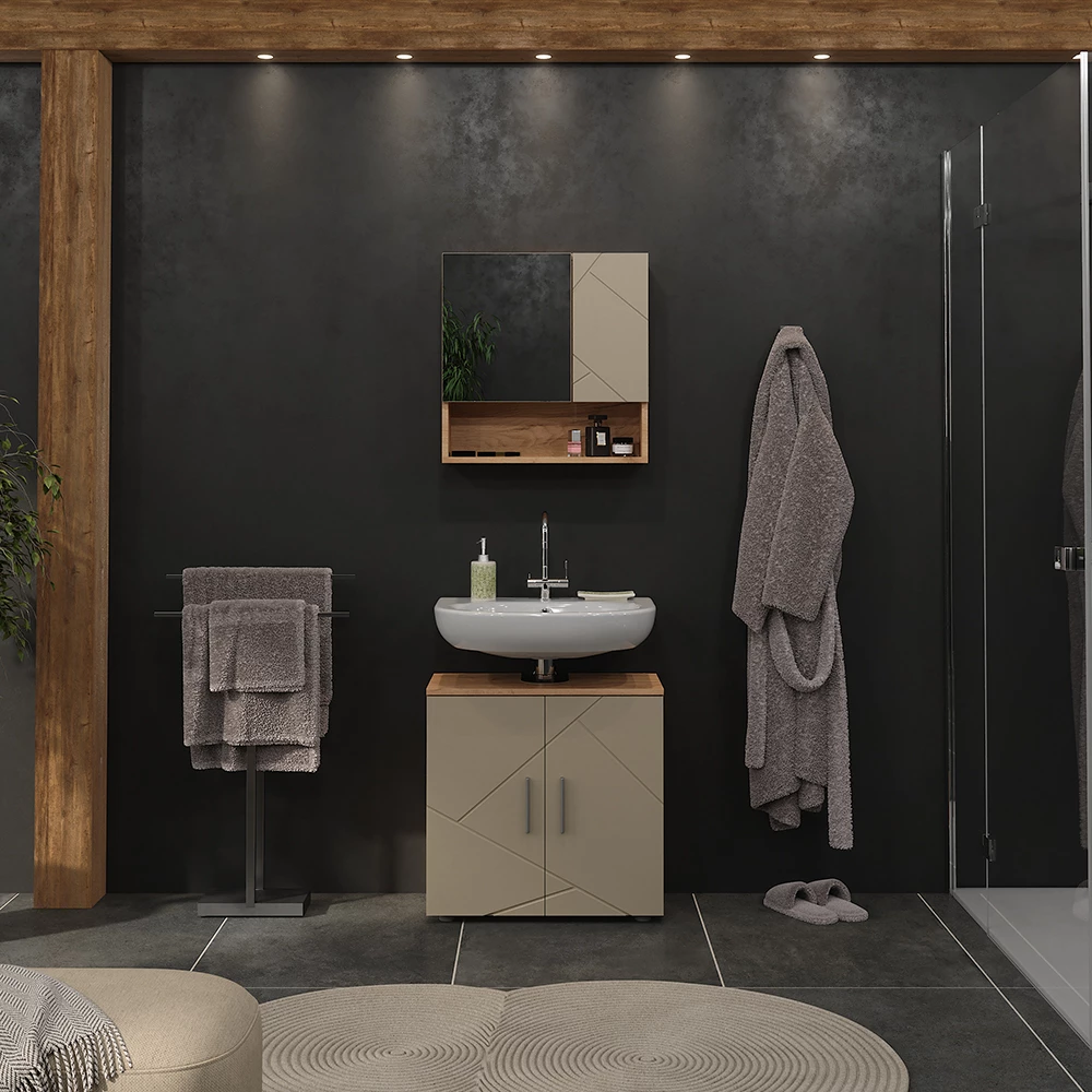 Badmöbel-Set in Beige, dargestellt im Ambiente mit Dekoration