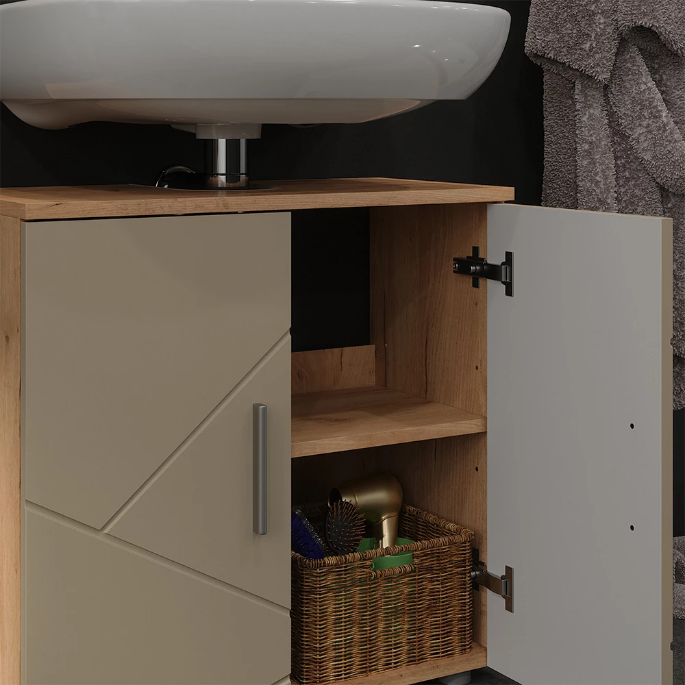 Nahaufnahme von Badmöbel-Set in Beige, zeigt Textur/Details