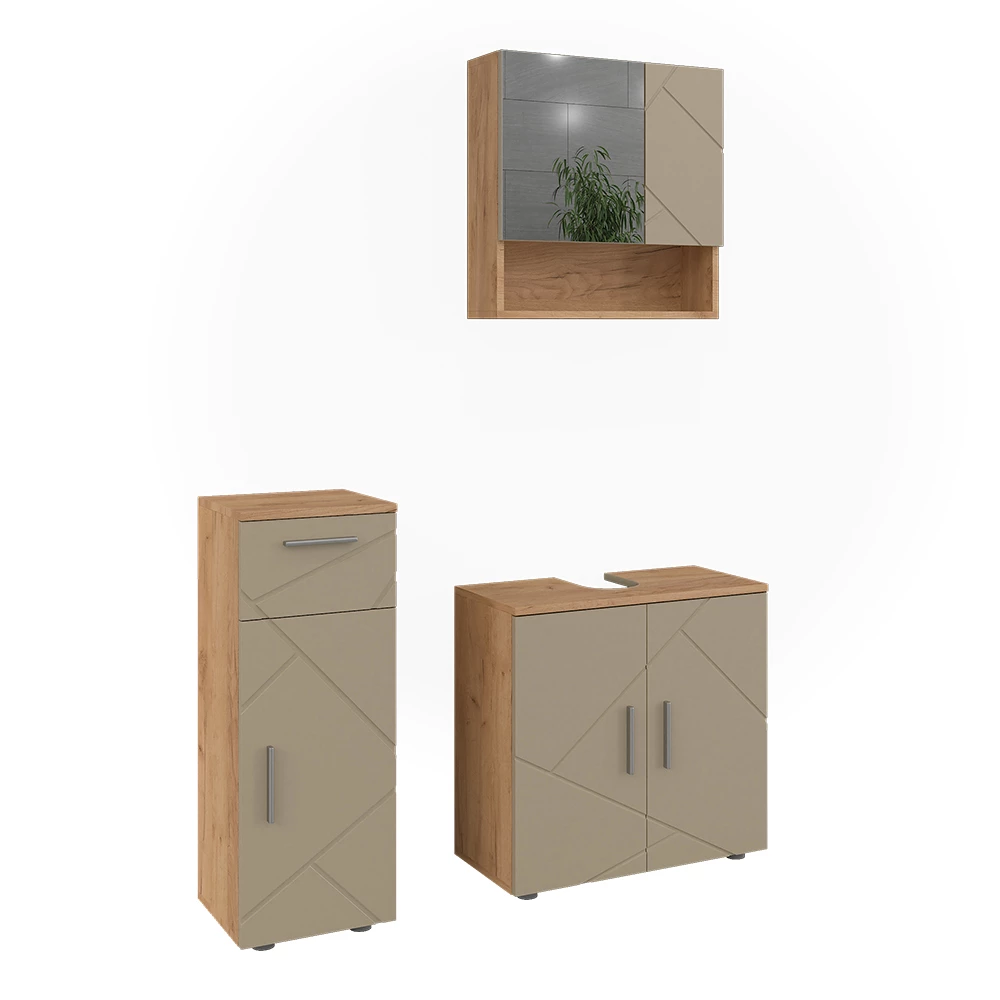 Ensemble de meubles de salle de bain 3 pièces en Beige sur fond blanc