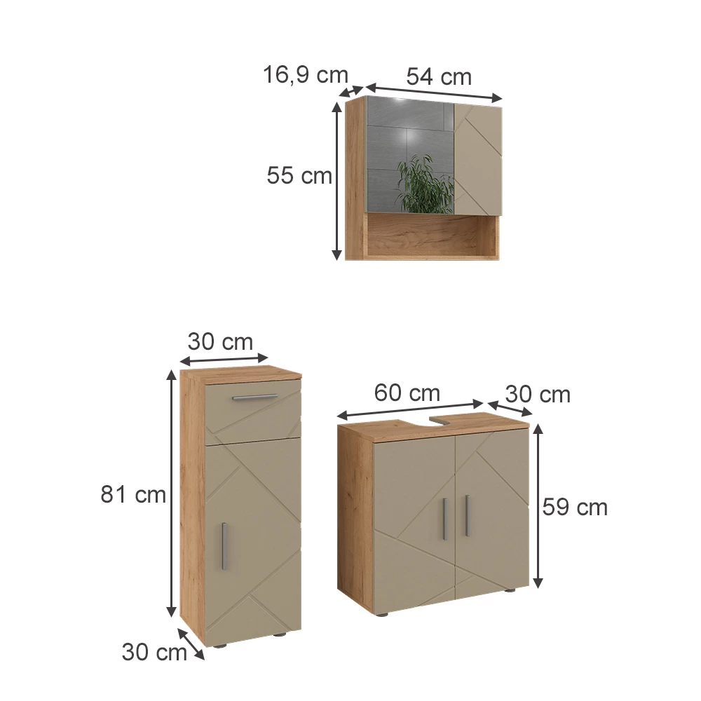 Ensemble de meubles de salle de bain 3 pièces en Beige sur fond blanc avec dimensions visibles