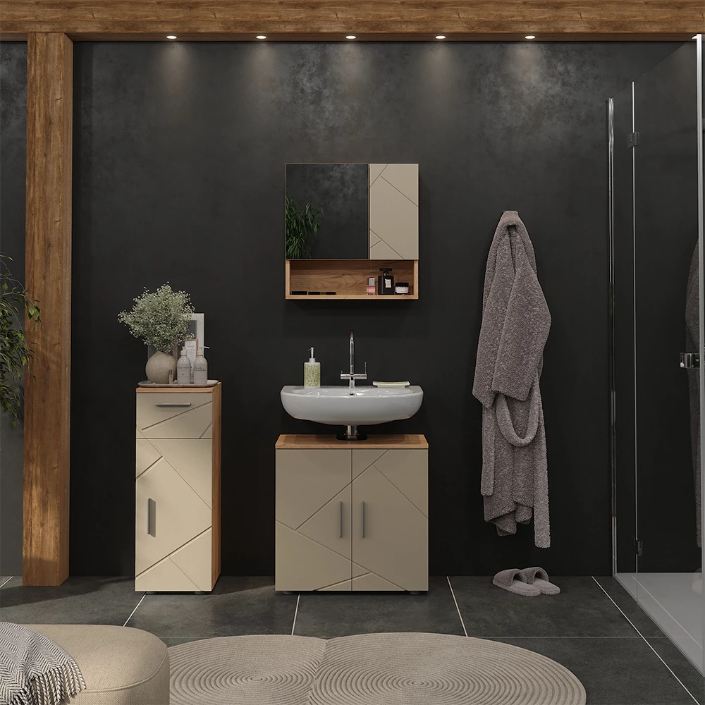 Ensemble de meubles de salle de bain 3 pièces en Beige, présenté dans un décor ambiant avec décoration