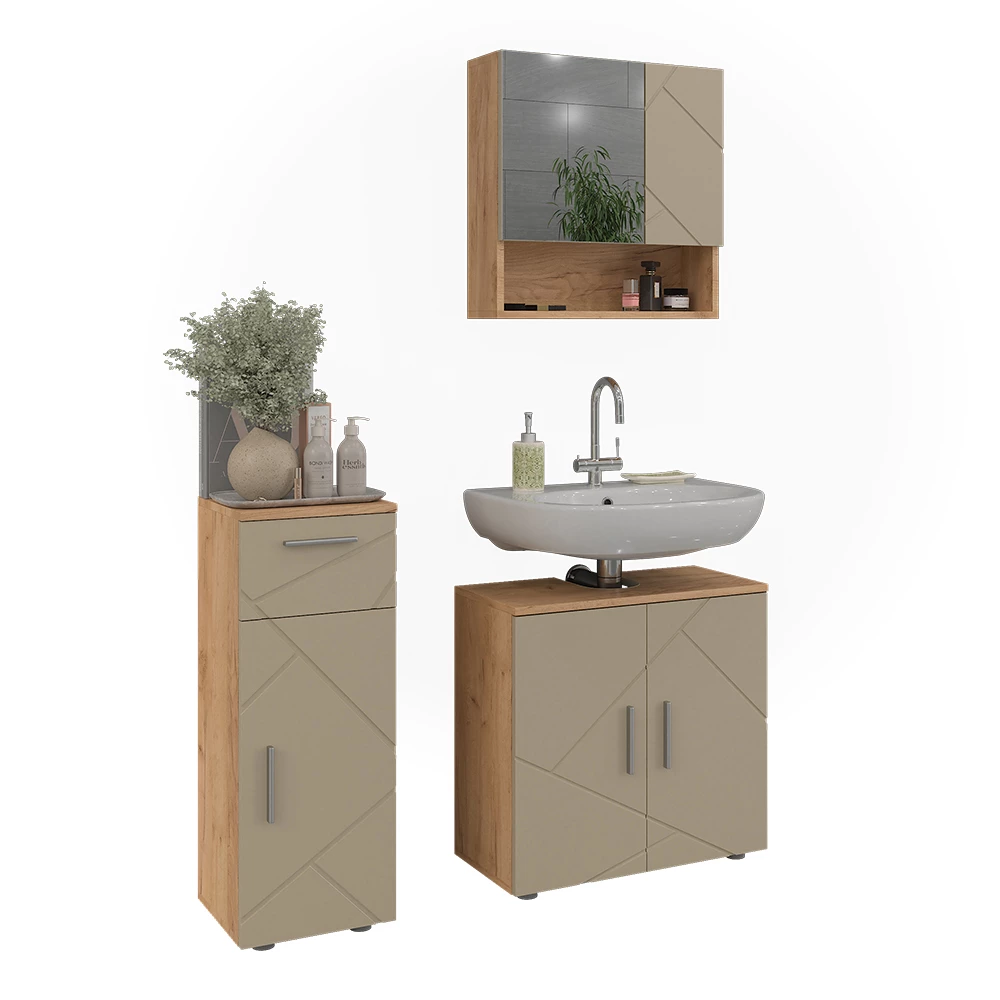 Ensemble de meubles de salle de bain 3 pièces en Beige sur fond blanc avec des éléments décoratifs