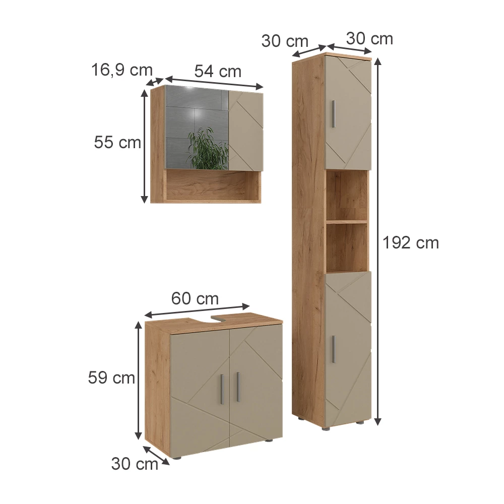 Badmöbel-Set aus 3 Teilen in Beige auf weißem Hintergrund