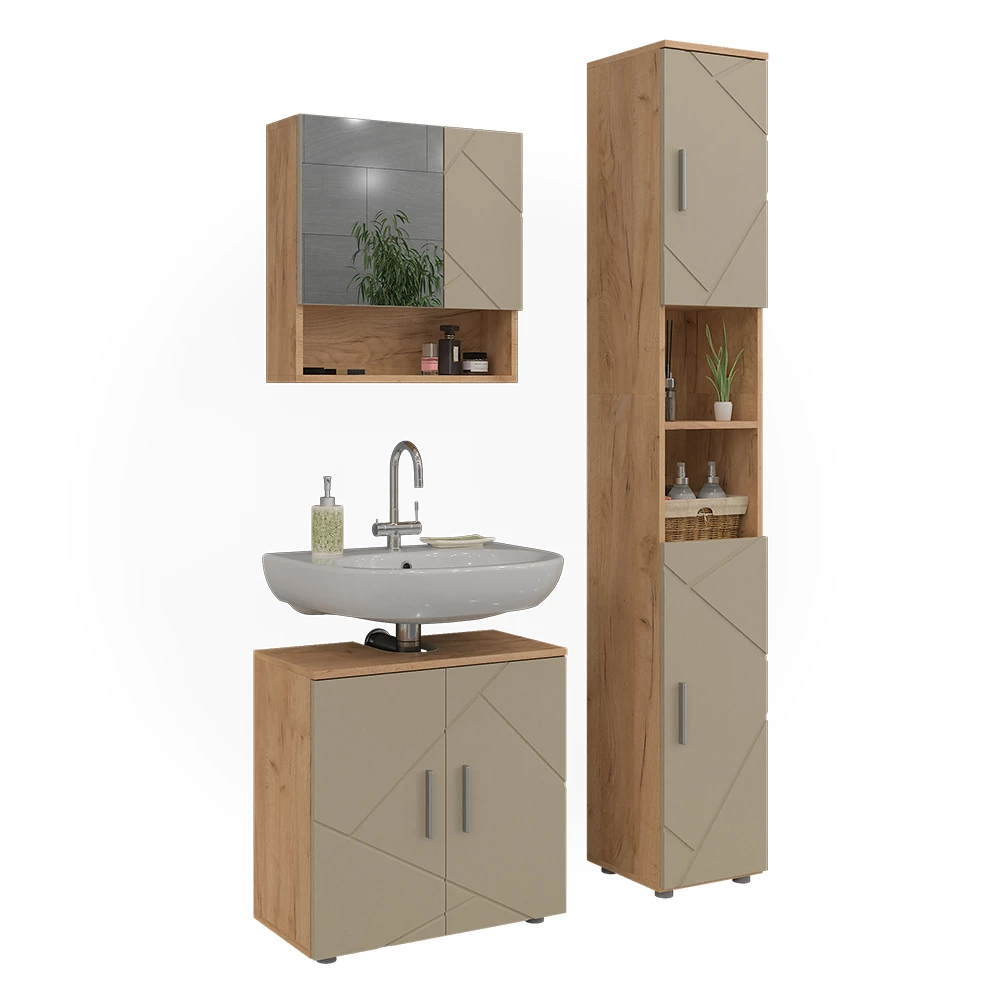 Set di mobili da bagno 3 pezzi in Beige on white background with decorative elements