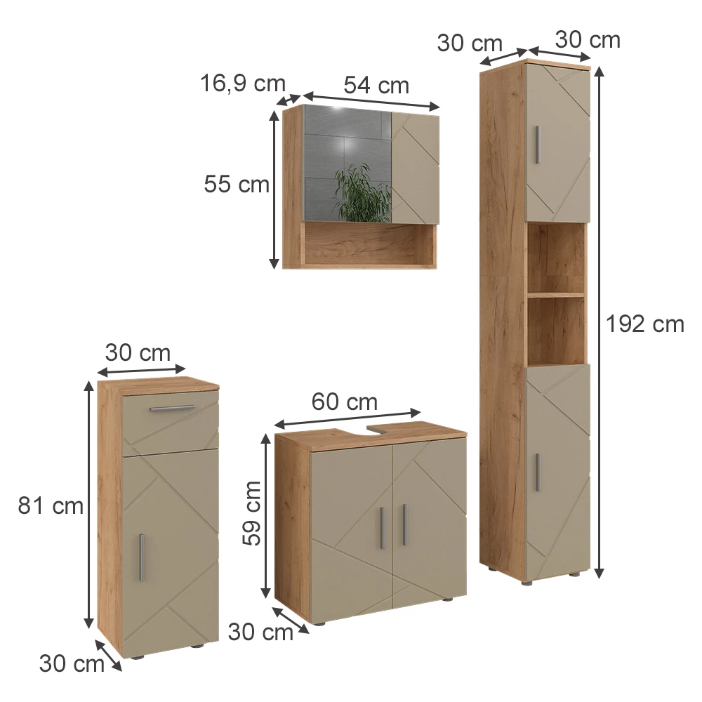 Badmöbel-Set in Beige auf weißem Hintergrund