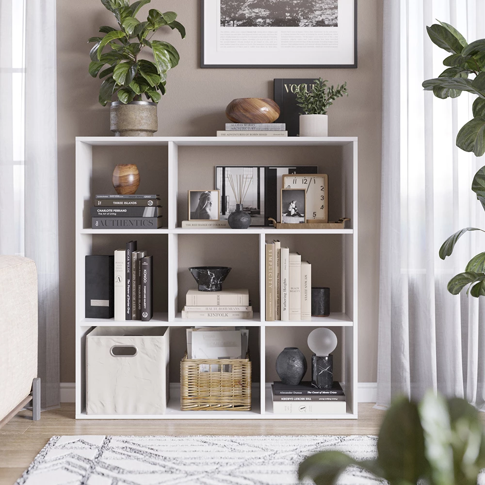 Gros plan de Meuble de rangement cube en Blanc, montrant le design et les détails de surface