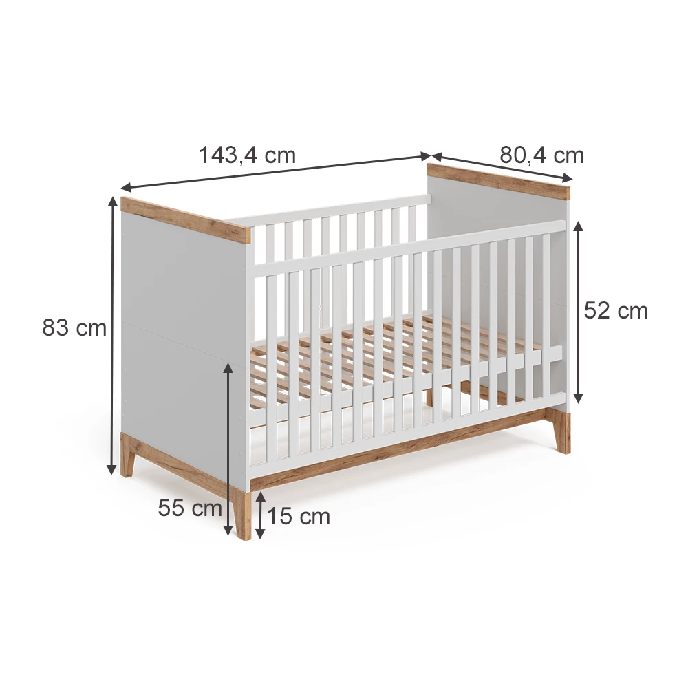 Babybett in Weiß/Artisan auf weißem Hintergrund mit sichtbaren Maßen