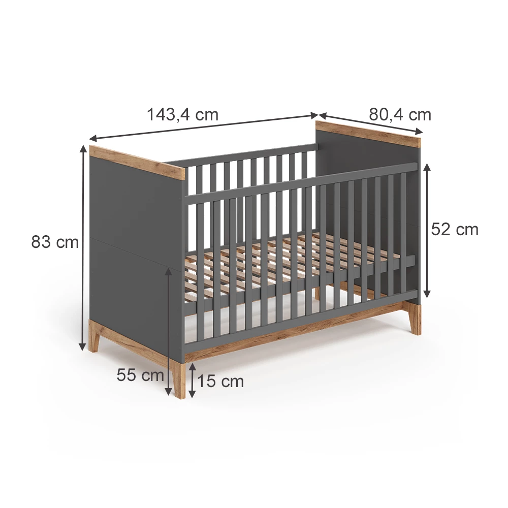 Babybett in Grau/Artisan auf weißem Hintergrund mit sichtbaren Maßen